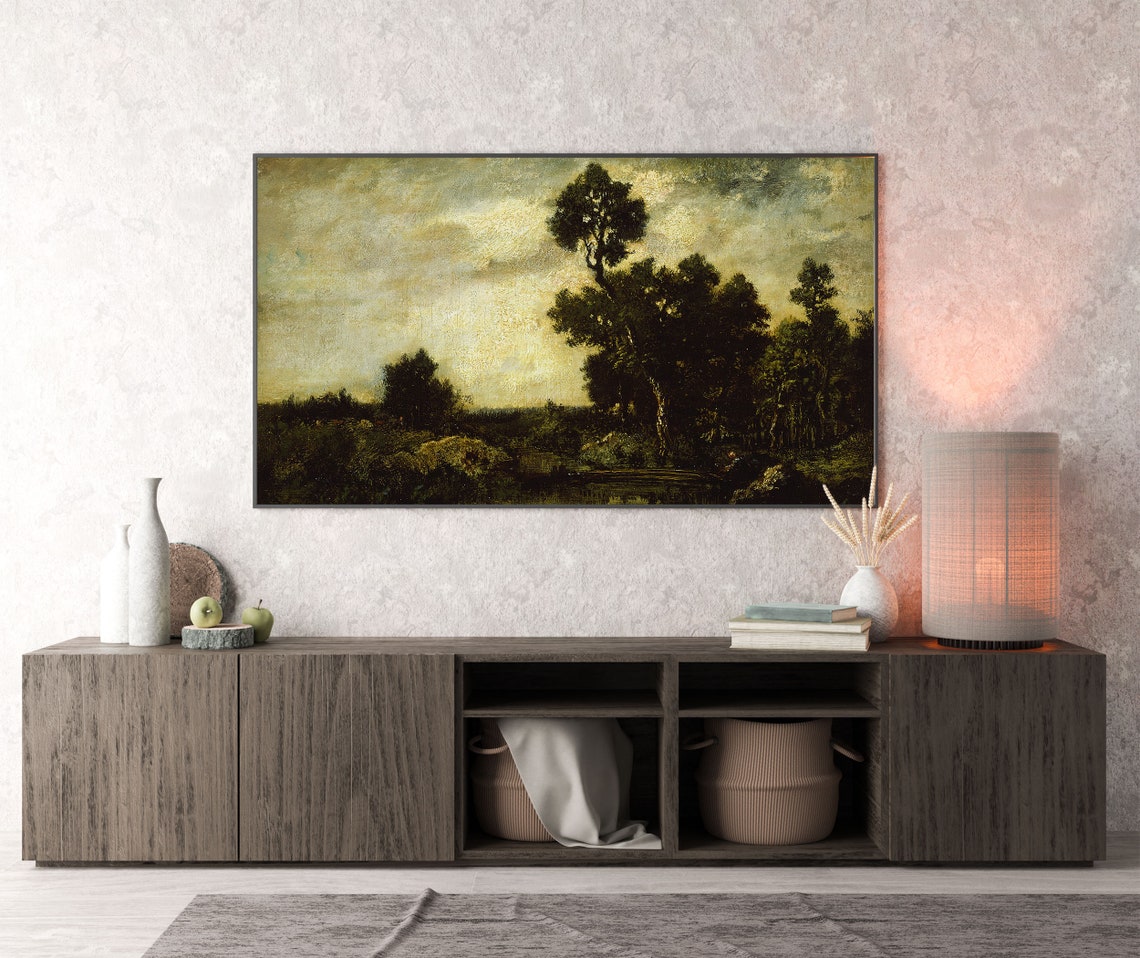 Moody Vintage Landscape with a Tall Lone Tree at Dusk Poster - Image 4