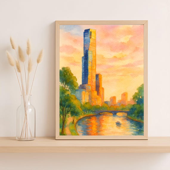 Melbourne Skyline Sunset Wall Art Australia Cityscape Print Yarra River Watercolor Painting Modern Urban Landscape