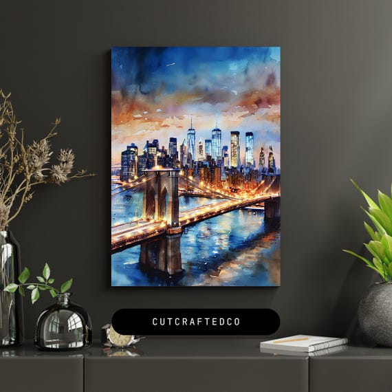 Brooklyn Bridge Nyc Watercolor Print New York Skyline Wall Art Night Cityscape Poster Urban Landscape