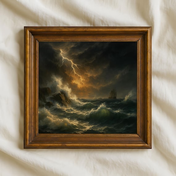 Stormy Ocean Night Lightning Strike Tall Ship Painting Wall Art
