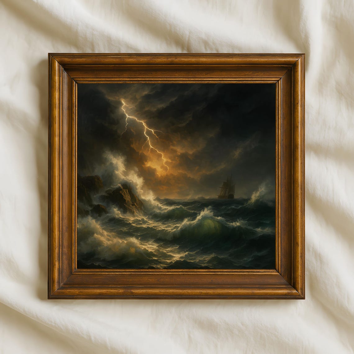 Stormy Ocean Night Lightning Strike Tall Ship Painting Wall Art