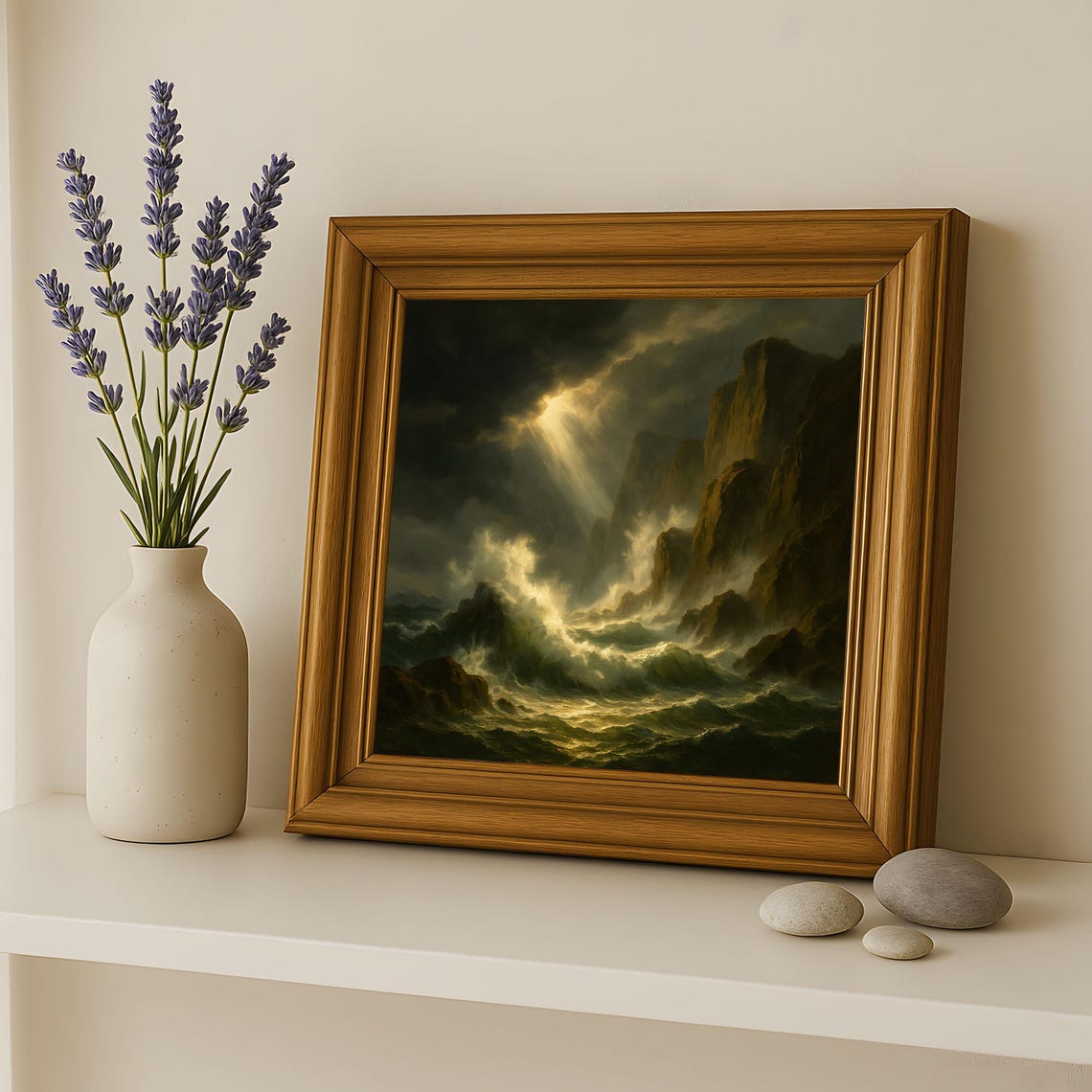 Stormy Rocky Coast Waves Light Break Ocean Painting Wall Art