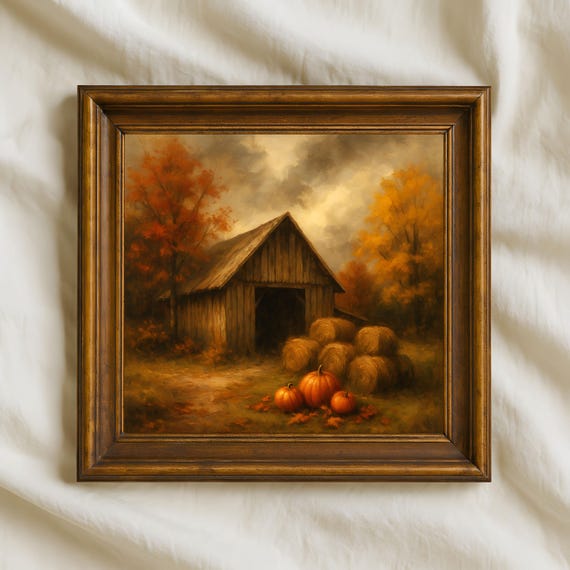 Pumpkin Harvest Barn Wall Art Rustic Autumn Farmhouse Decor Fall Hay Bales And Country Scene Artwork