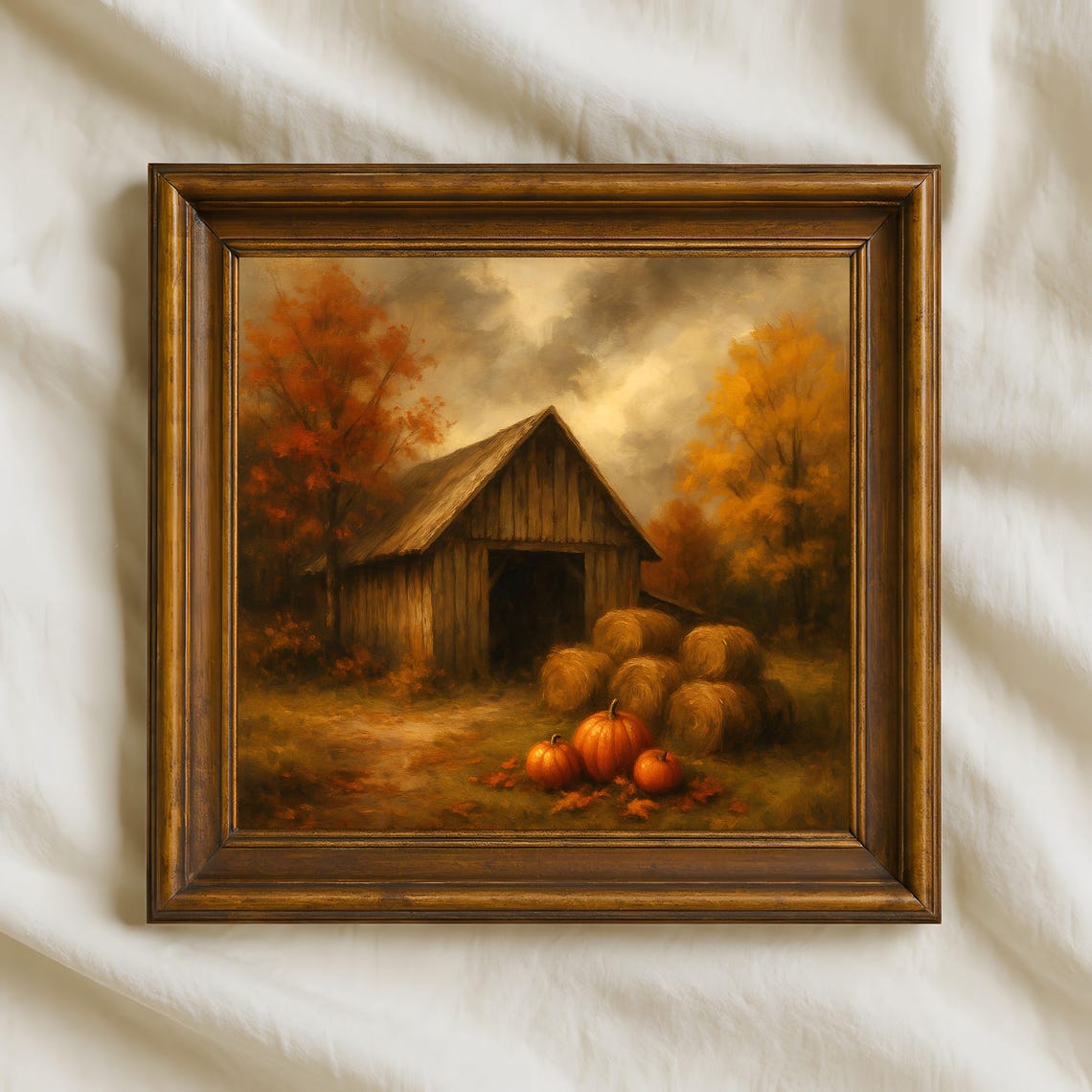 Rustic Barn Hay Bales Pumpkins Autumn Farm Landscape Painting Poster