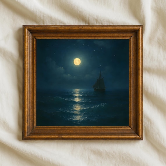 Full Moon Sailboat Night Ocean Golden Moonlight Seascape Poster