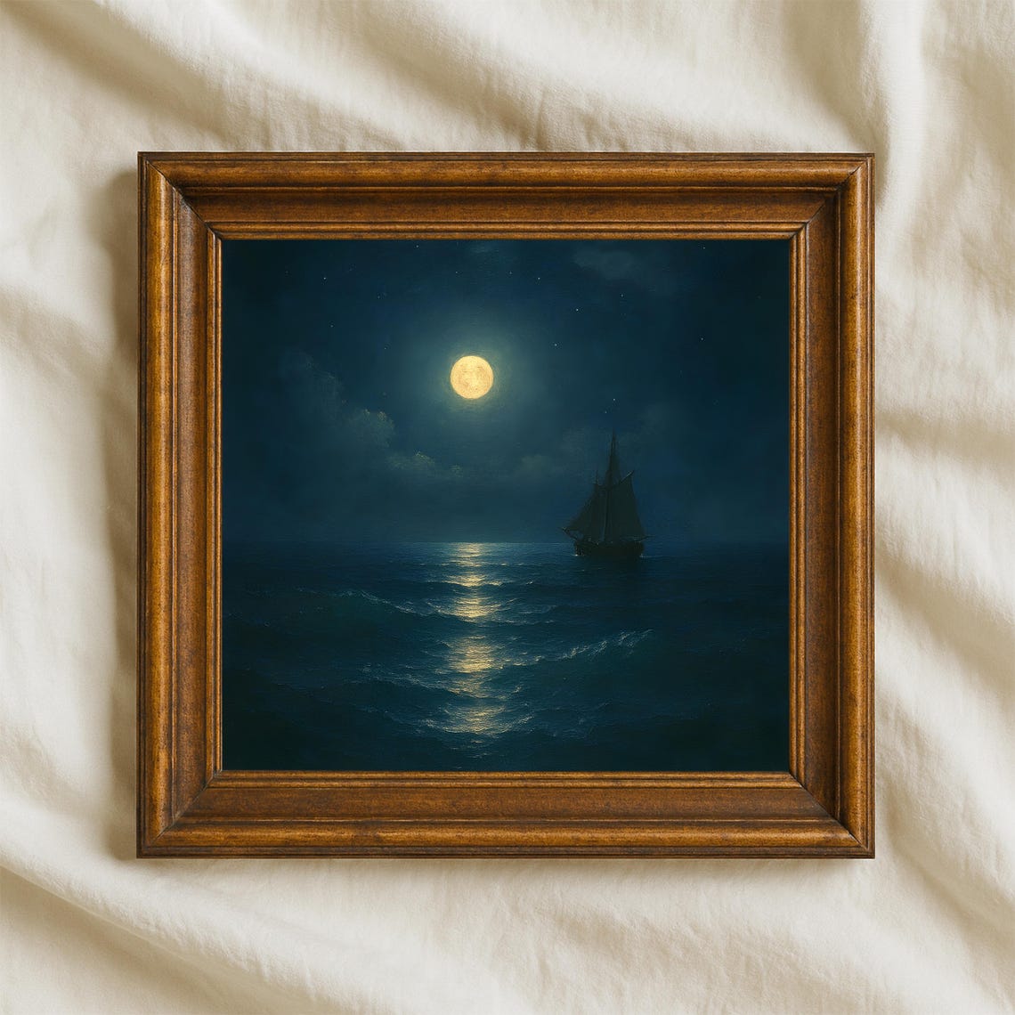 Full Moon Sailboat Night Ocean Golden Moonlight Seascape Poster