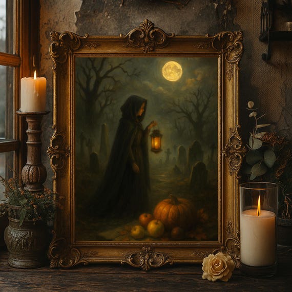 Gothic Halloween Graveyard Art Cloaked Woman With Lantern Pumpkins Moonlit Cemetery Wall Decor