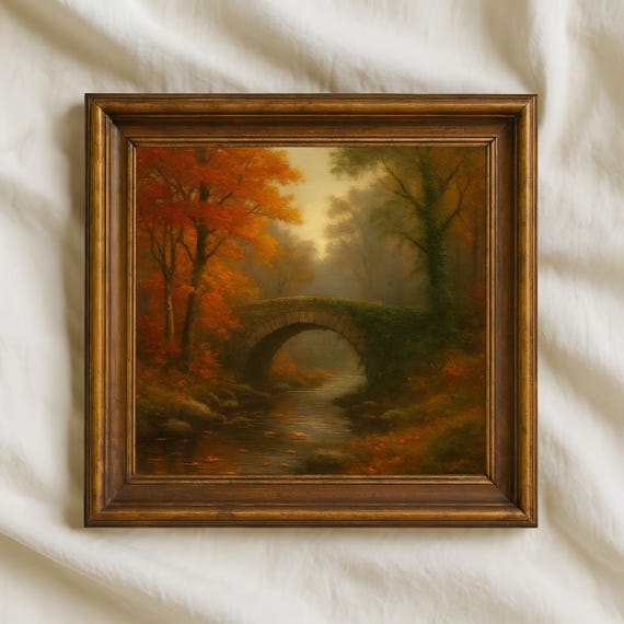 Stone Bridge Oil Painting Autumn Forest Wall Art 11 Square River Landscape Print For Rustic Or Classic Home Decor
