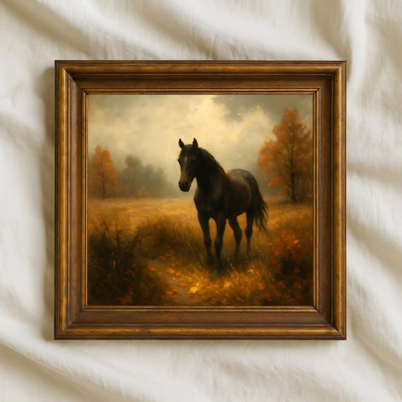 Horse In Autumn Meadow Rustic Farmhouse Wall Art Equestrian Country Fall Decor Cozy Seasonal Artwork