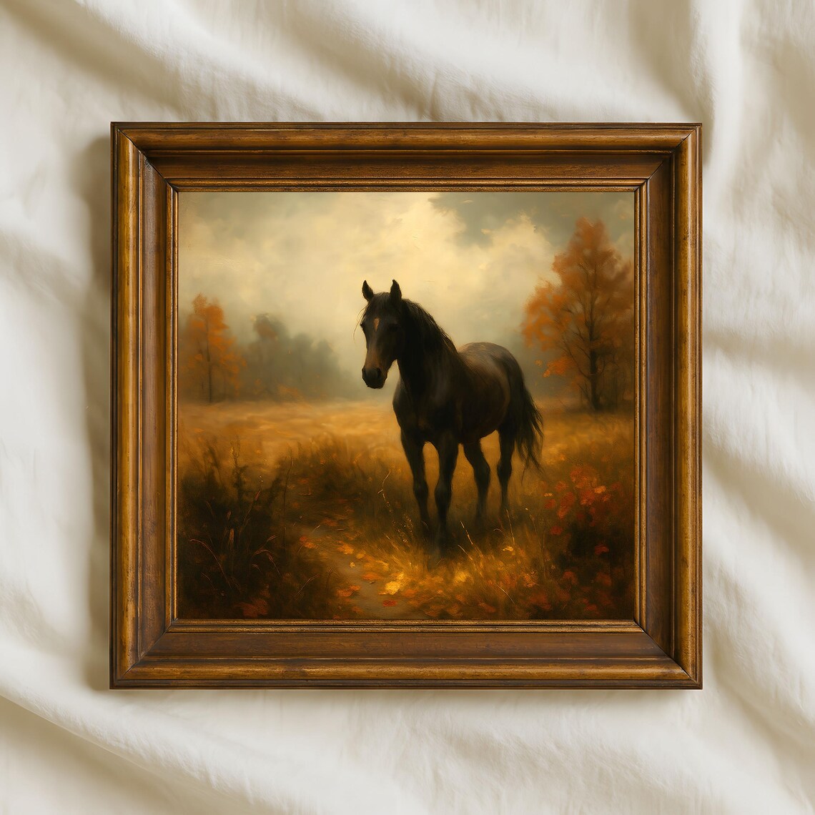 Black Horse Golden Autumn Field Moody Equestrian Oil Painting Poster