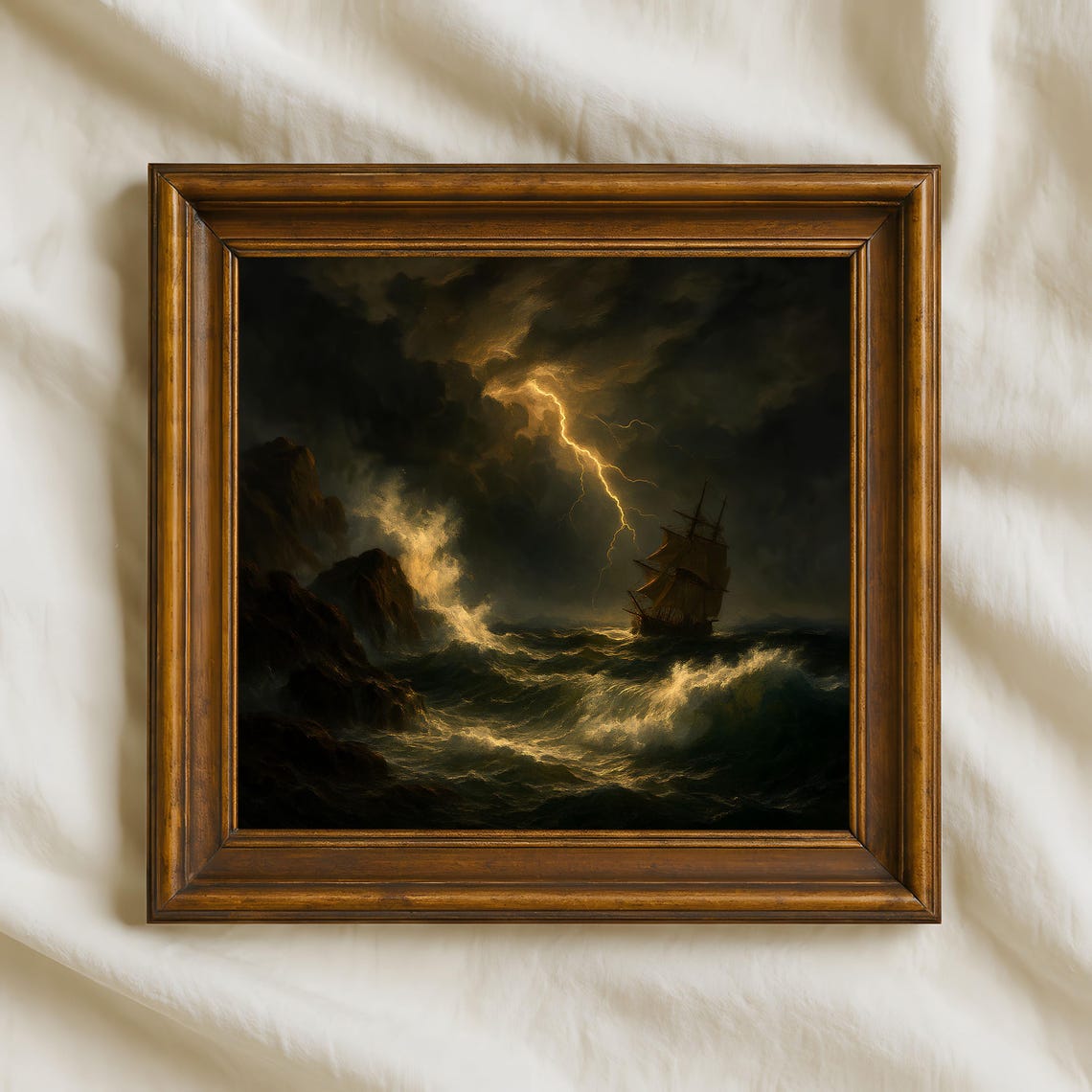 Lightning Storm Tall Ship Dramatic Ocean Night Seascape Poster