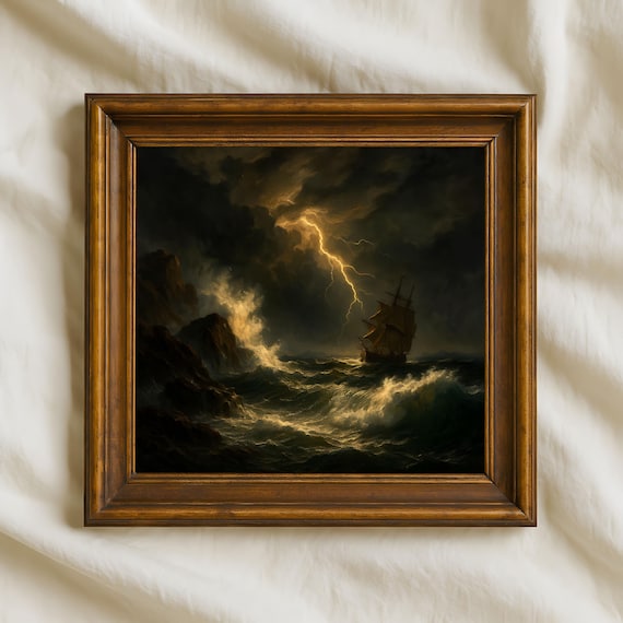 Lightning Storm Tall Ship Dramatic Ocean Night Seascape Poster