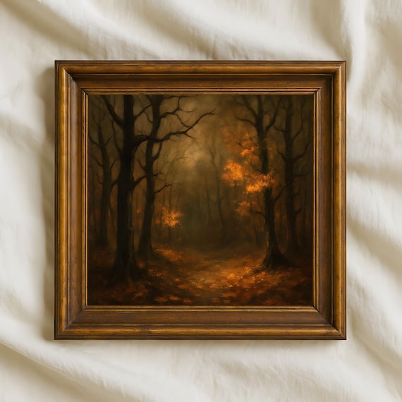 Dark Forest Oil Painting Gothic Autumn Wall Art Moody Fall Landscape Print Haunted Woods Rustic Halloween Home Decor