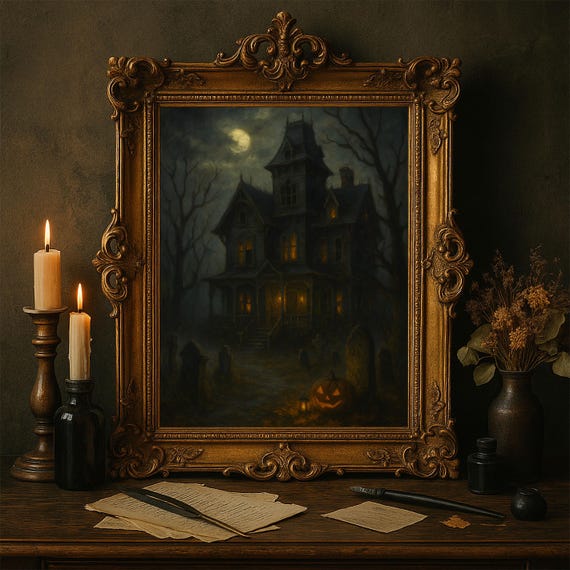 Haunted House Wall Art Spooky Halloween Decor Gothic Oil Painting Creepy Mansion Artwork Vintage Print
