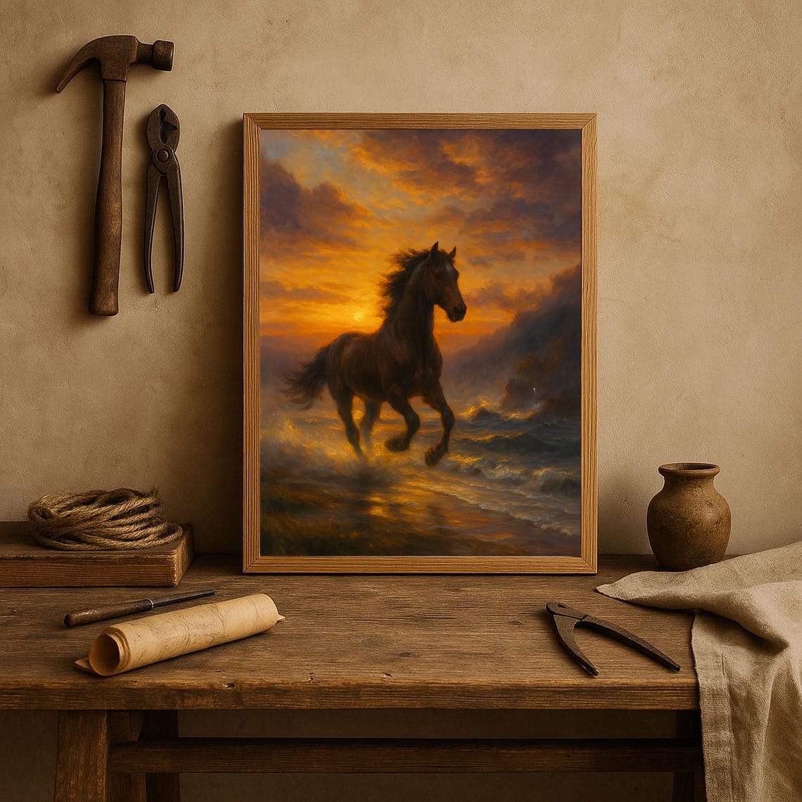 Dark Horse Galloping Through Surf Sunset Oil Painting Poster