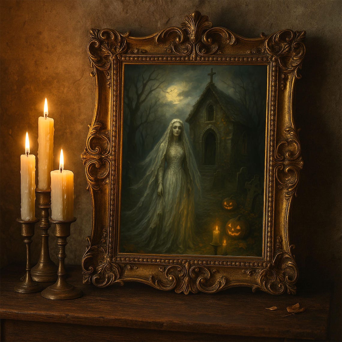 Halloween Wall Decor Bride Art Gothic Graveyard Oil Painting Haunted Artwork