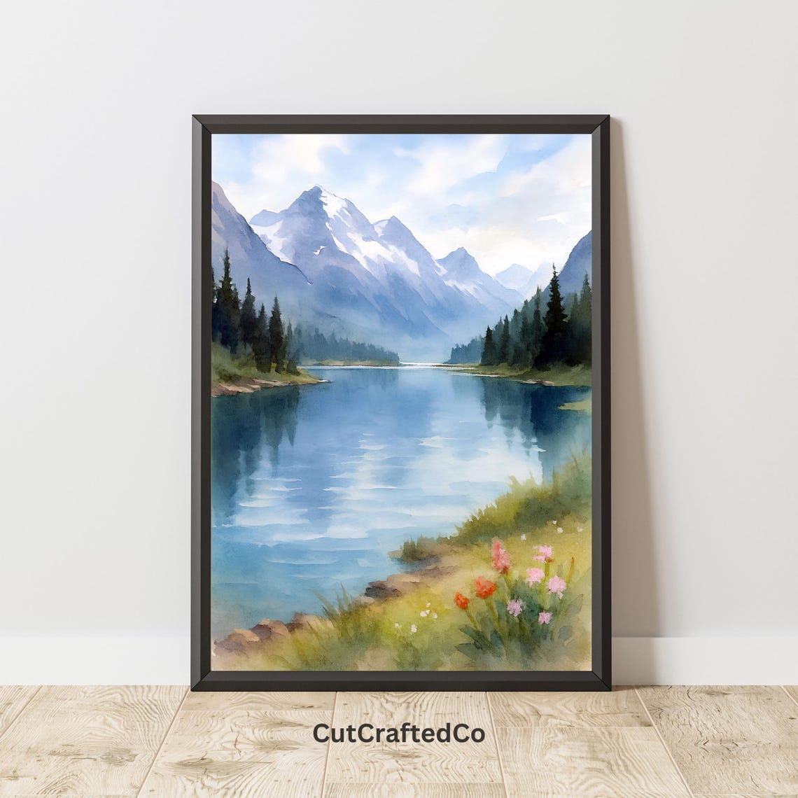 Canadian Rockies Mountain Lake Watercolor Nature Landscape Poster