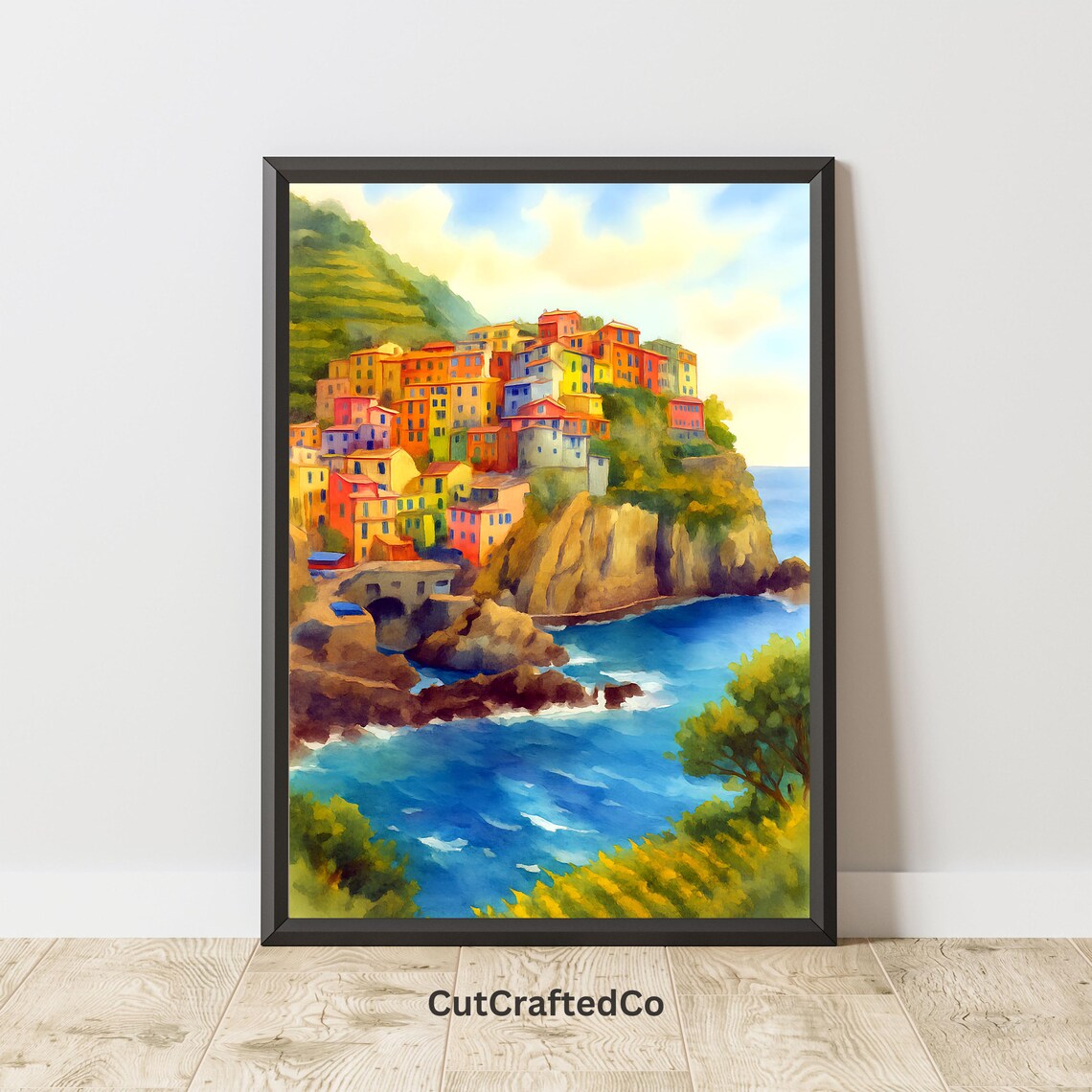 Italian Colorful Cliffside Fishing Village Watercolor Seascape Poster