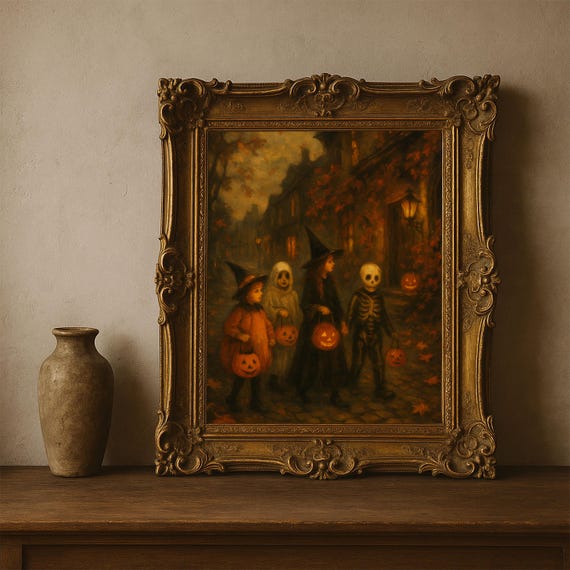 Trick Or Treat Halloween Wall Art Vintage Children Costume Gothic Oil Painting Spooky Fall Home Decor