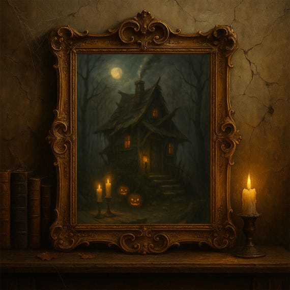 Haunted Cabin Wall Art Gothic Halloween House Painting Spooky Forest Jack Olantern Decor Dark Witchy Print