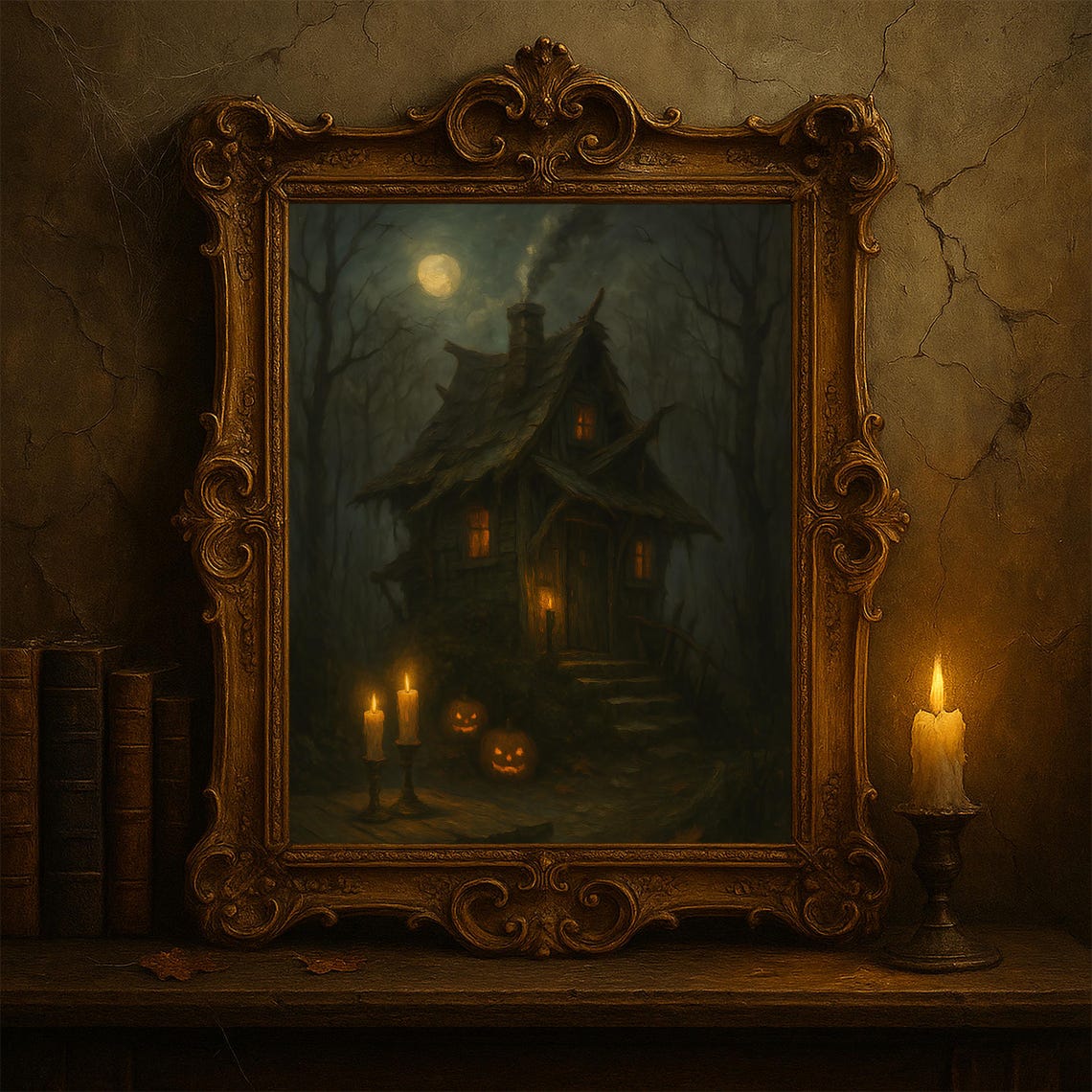 Haunted Cottage Moonlit Woods Jack O Lanterns Halloween Poster