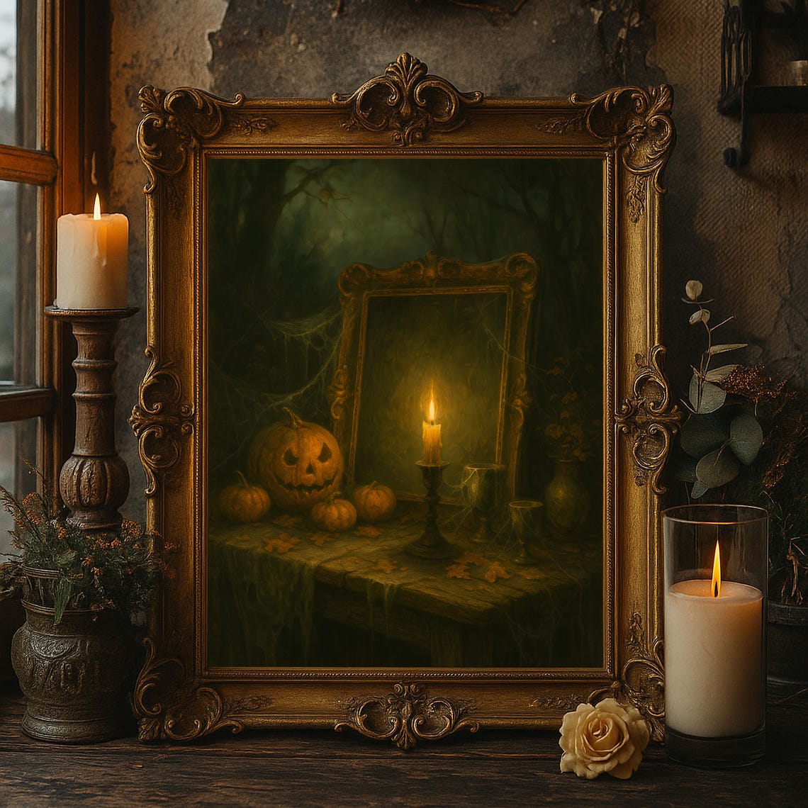 Gothic Pumpkin Candle Mirror Still Life Halloween Oil Painting Poster