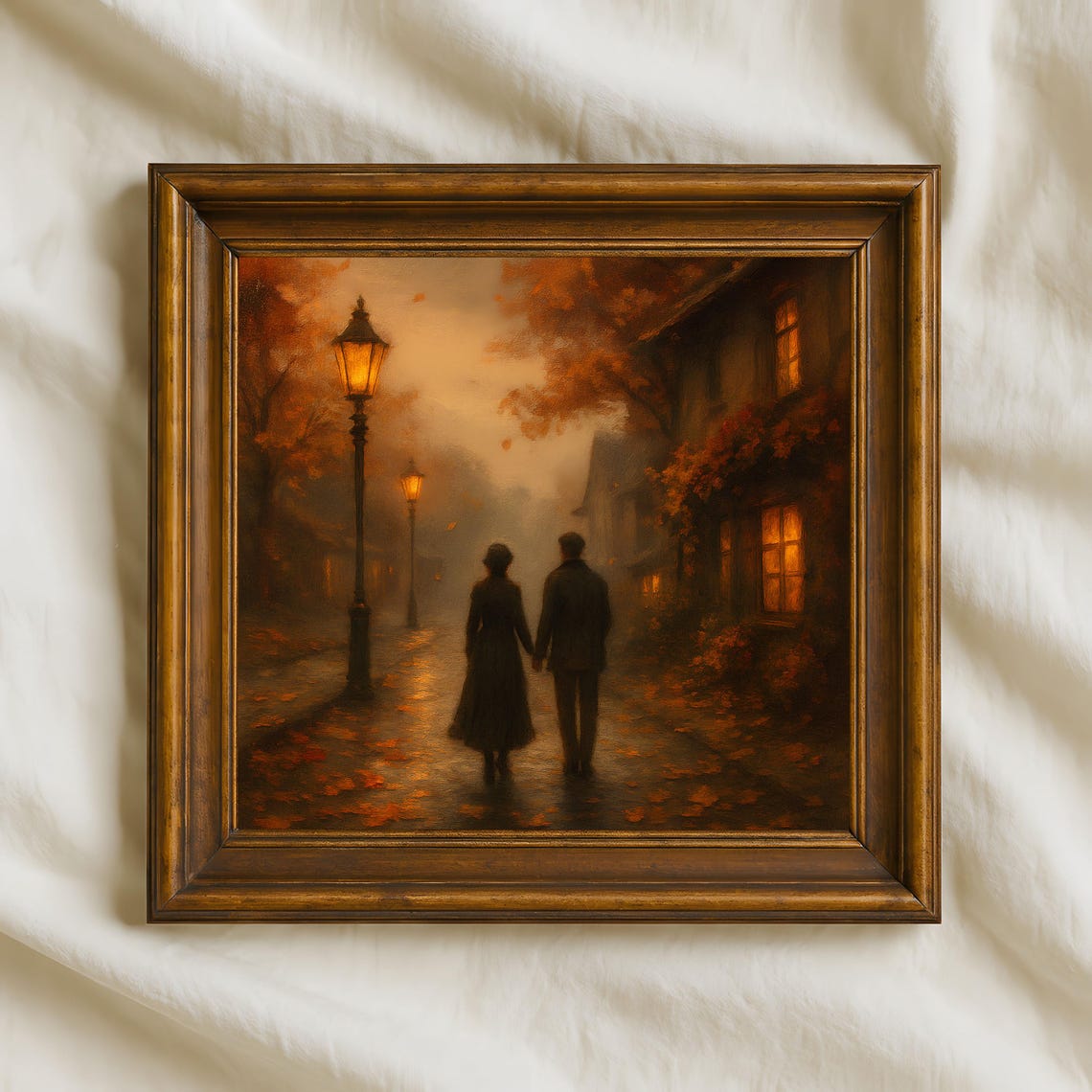 Romantic Autumn Couple Strolling Lamplit Village Street Dusk Poster