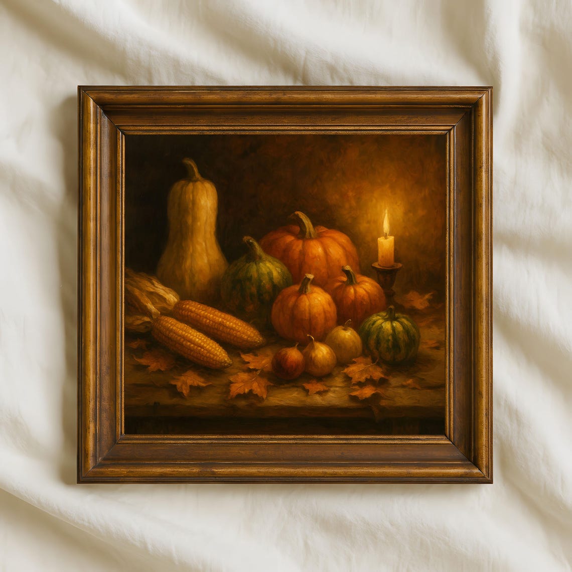 Autumn Harvest Still Life Wall Art Pumpkin And Corn Rustic Fall Painting Seasonal Farmhouse