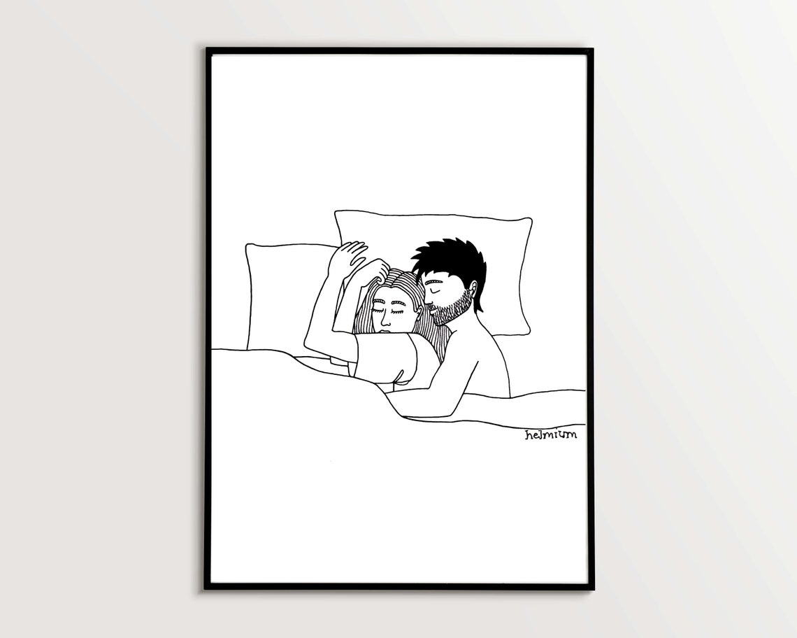 Couple Sleeping Peacefully in Bed Minimal Black Line Art Poster