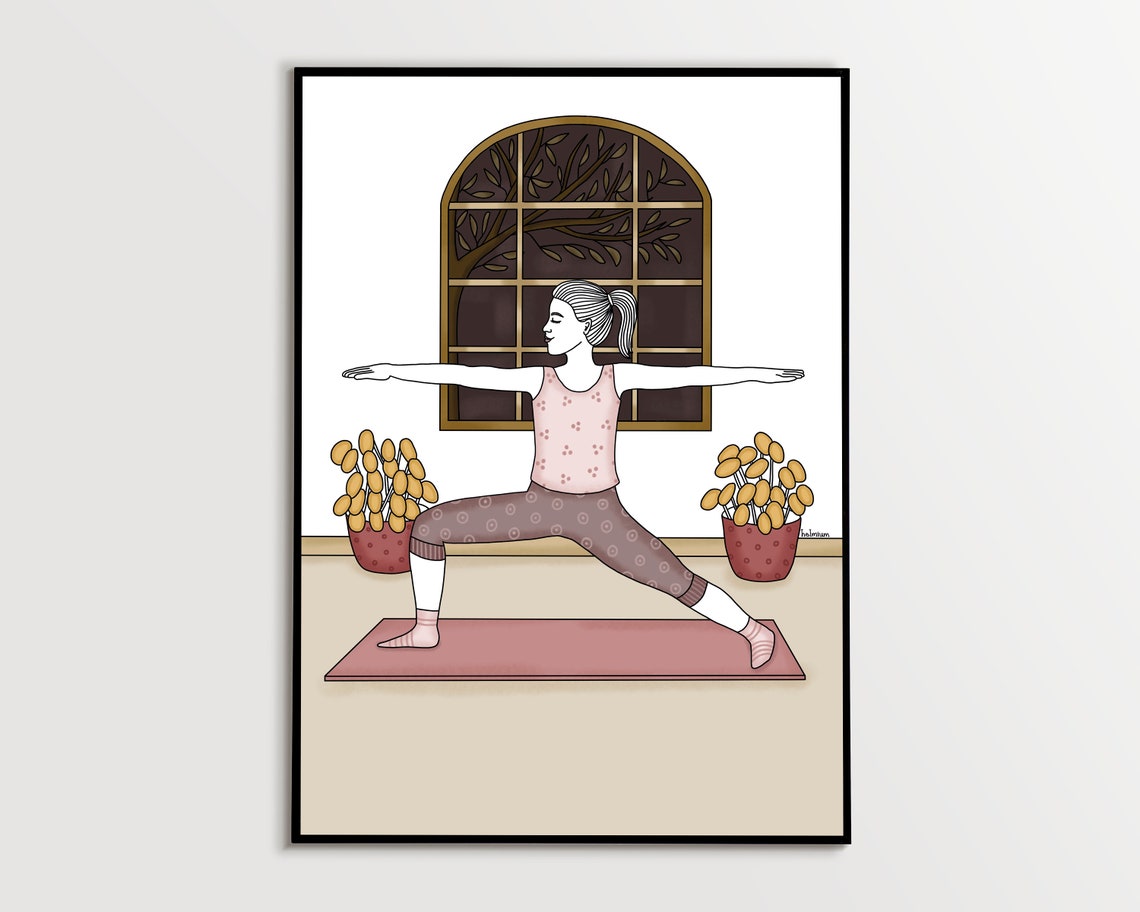 Warrior Two Pose Yoga Illustration With Autumn Flower Pots Poster