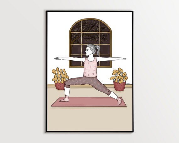 Warrior Two Pose Yoga Illustration With Autumn Flower Pots Poster