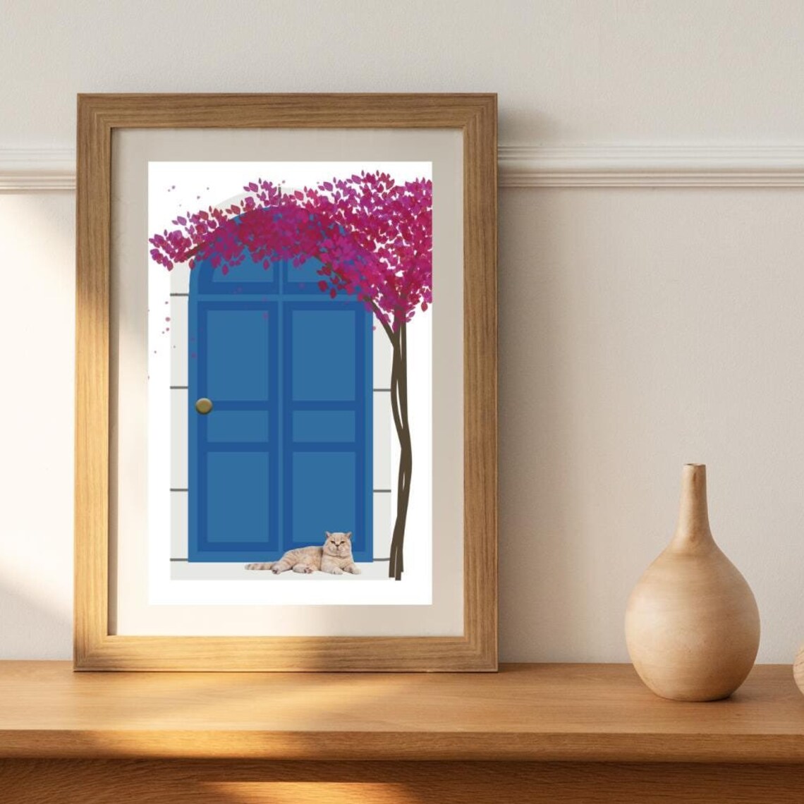 Blue Door Bliss, Relaxing Cat And Flowered Tree