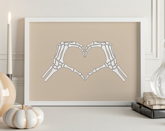 Skeleton Hands Heart White on Tan Beige Minimalist Halloween Poster