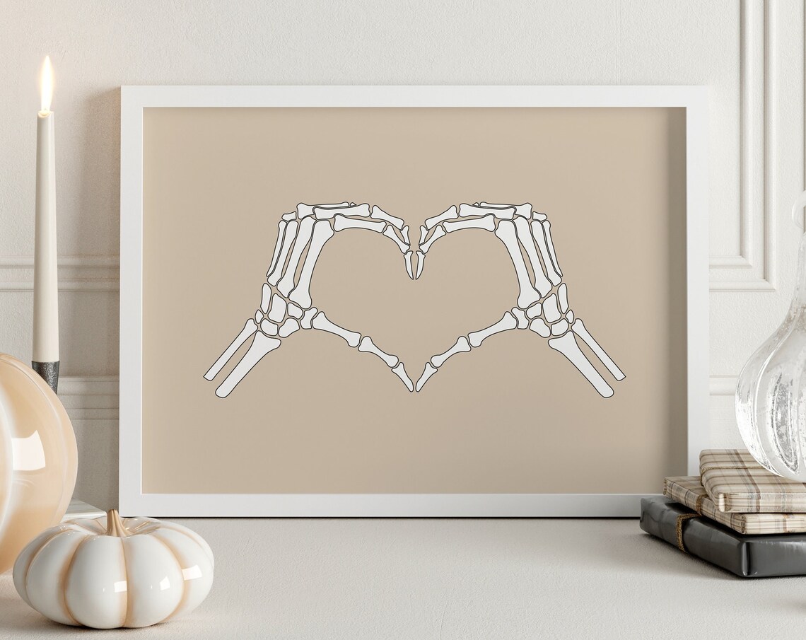 Skeleton Hands Heart White on Tan Beige Minimalist Halloween Poster