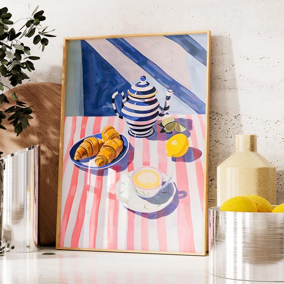 Brunch Cafe Art Print Croissant Painting Tea Poster Pink Wall Decor Pot Framed Floral Feminine