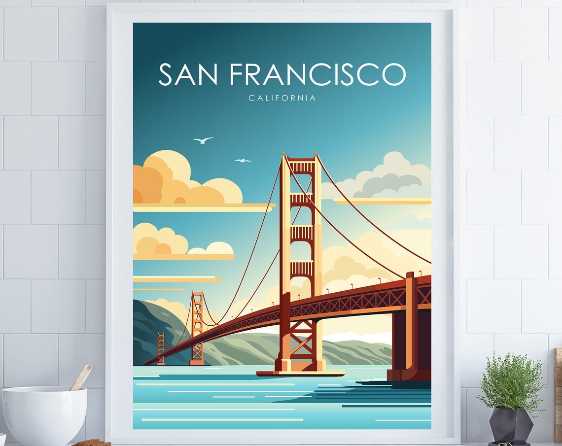 San Francisco Golden Gate Bridge Sunset Clouds Retro Travel Poster