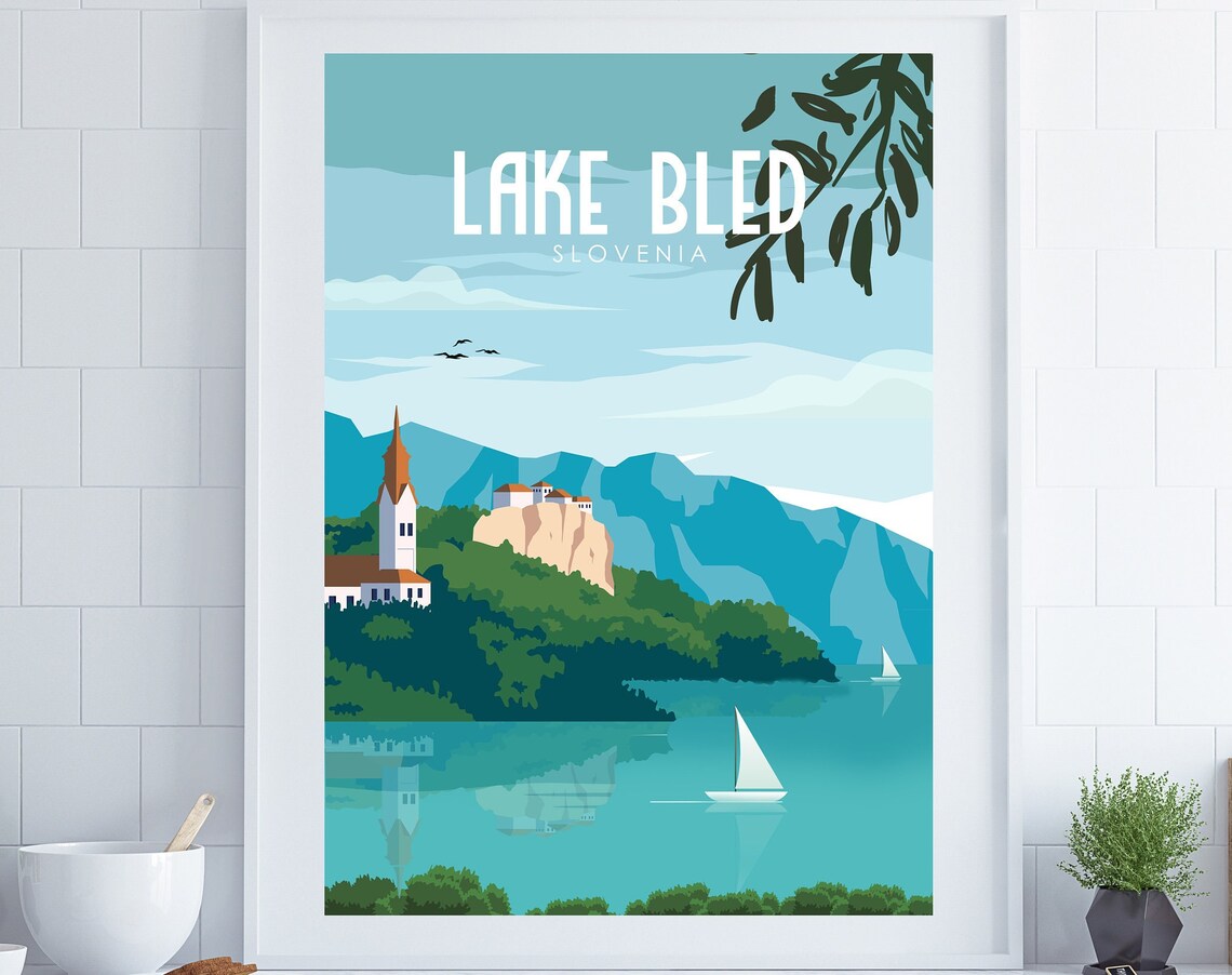 Lake Bled Slovenia Travel Poster, Retro Wall Art