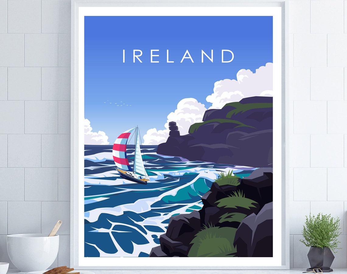 Ireland Sailing Yacht Rocky Coast Ocean Waves Nautical Wall Art