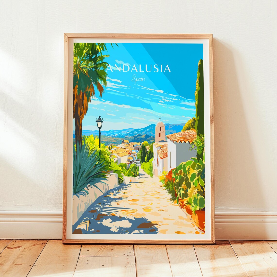 Andalusia Spain Sunlit Village Lane Bell Tower Travel Art Poster