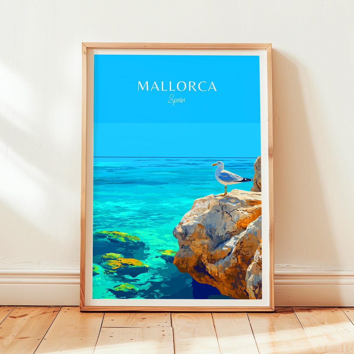 Mallorca Spain Seagull on Cliff Coastline Turquoise Sea Poster