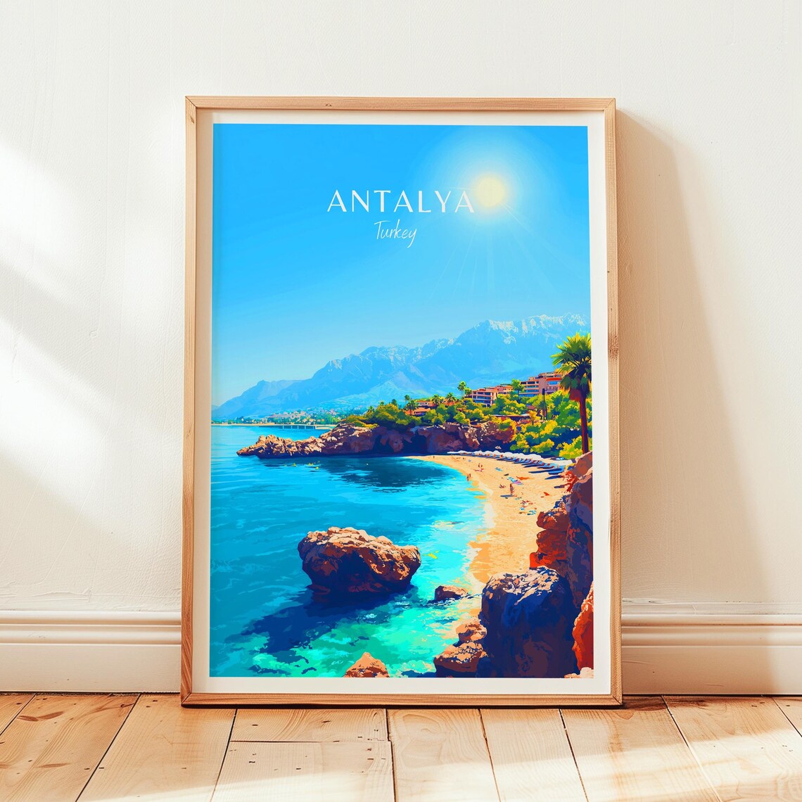 Antalya Turkey Golden Sandy Beach Bay with Mountain View Poster