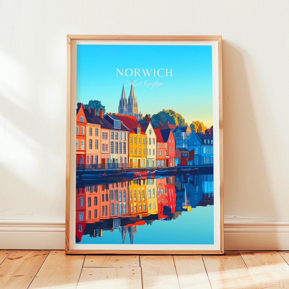 Norwich England Riverside Colorful Houses Cathedral Spire Poster