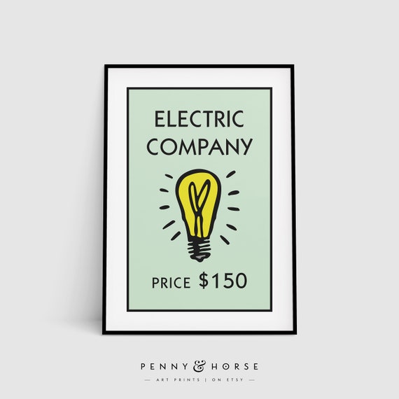 Retro Monopoly Inspired Electric Company Minimalist Mint Wall Art Quirky Utility Print New Home Gift Waterworks Home Decor