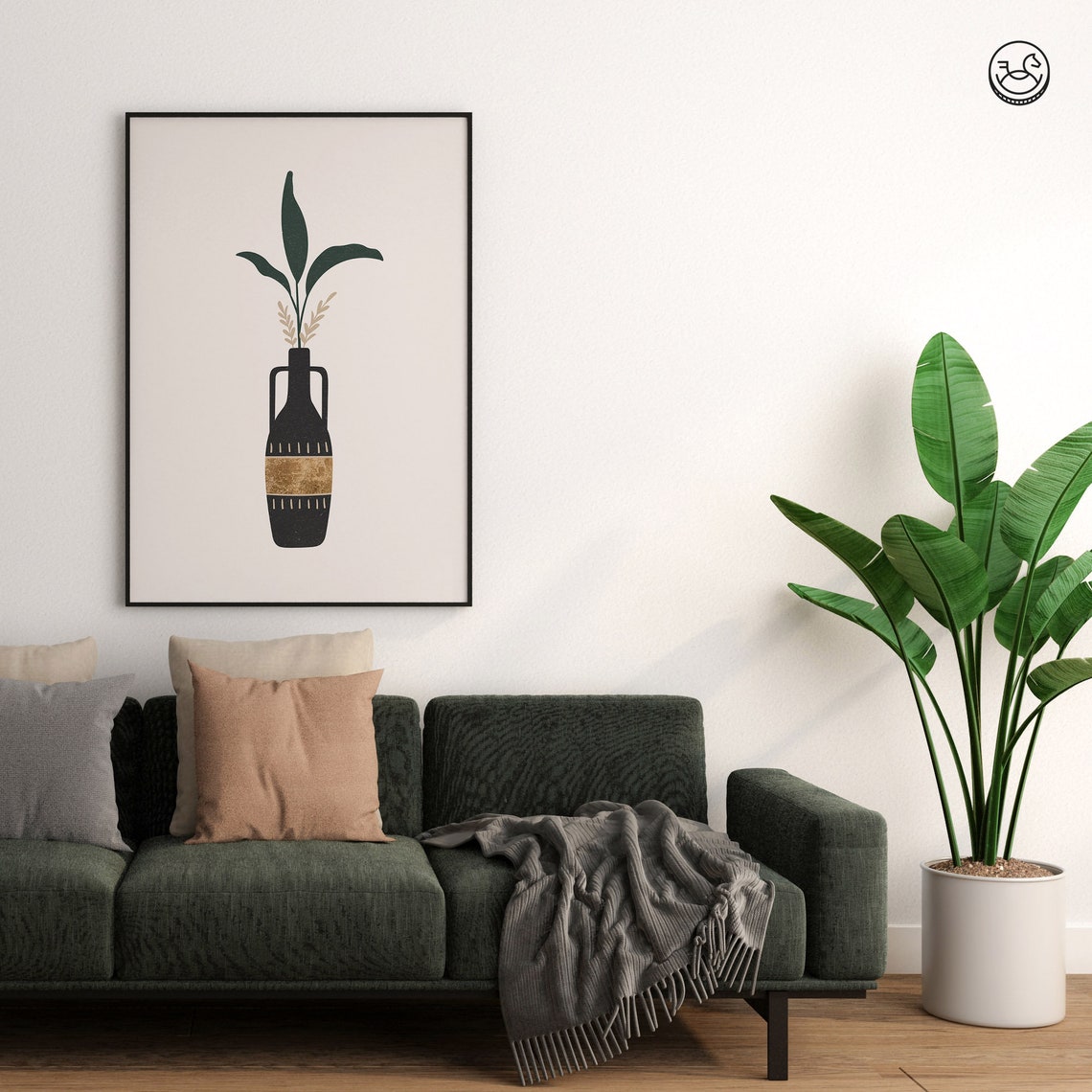 Black and Gold Botanical Vase Leaves Minimalist Modern Wall Art - Image 2