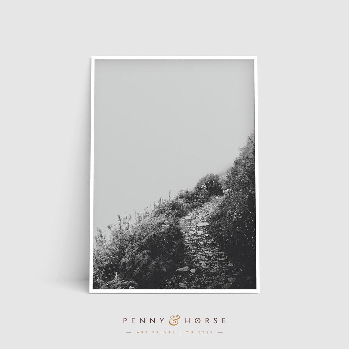 Serene Mountain Path Foggy Black and White Nature Photography Poster - Image 4