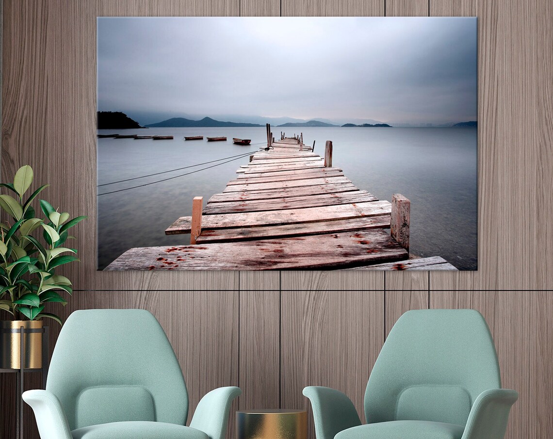 Wooden Pier Calm Lake Foggy Morning Boats Scenic Landscape Poster