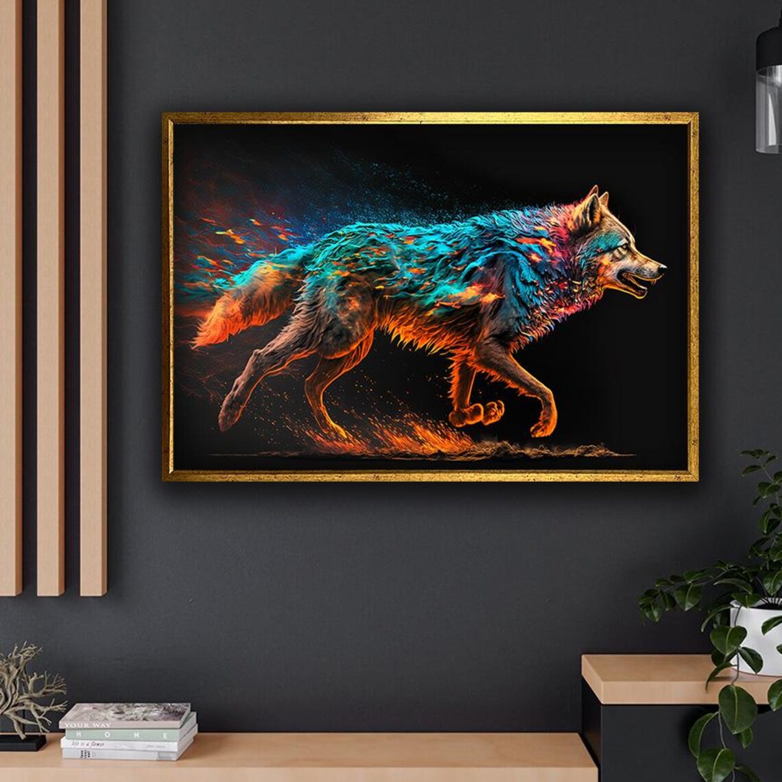 Running Wolf Fire Water Elemental Teal Orange Wildlife Fantasy Art Poster