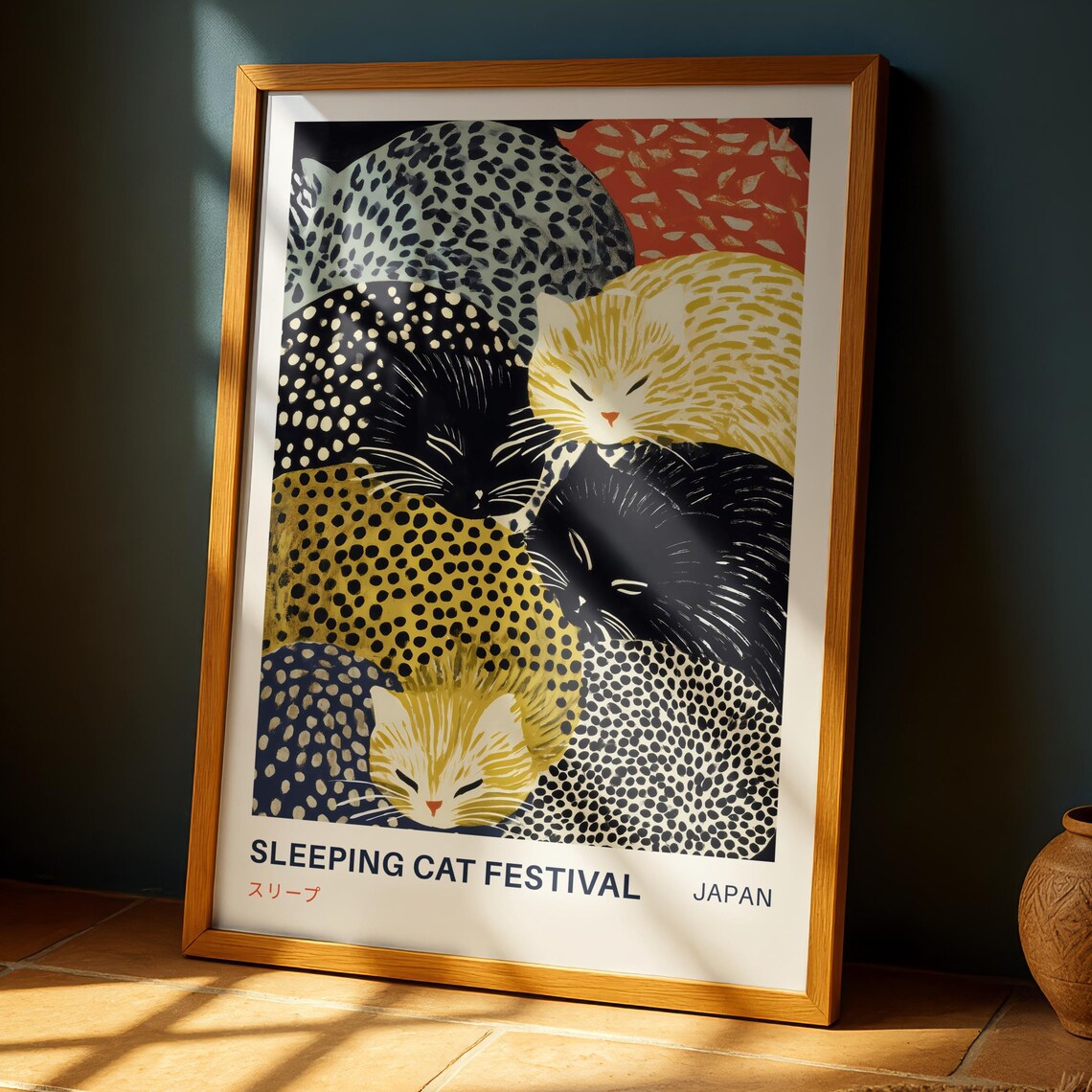 Sleeping Cat, Yayoi Kusama-Inspired Japanese Art Print