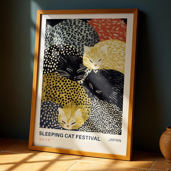 Sleeping Cat, Yayoi Kusama-Inspired Japanese Art Print