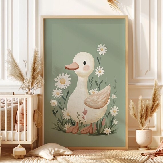 Whimsical Duck Nursery Wall Art Silly Goose Print With Daisy Flower Farm Animal Playroom Decor For Toddler Girls Room Vintage Kids Poster